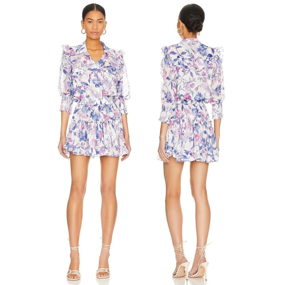 MISA Amelie Mini Dress Chiffon Ruffle Trim Floral Party Wedding Date Night S